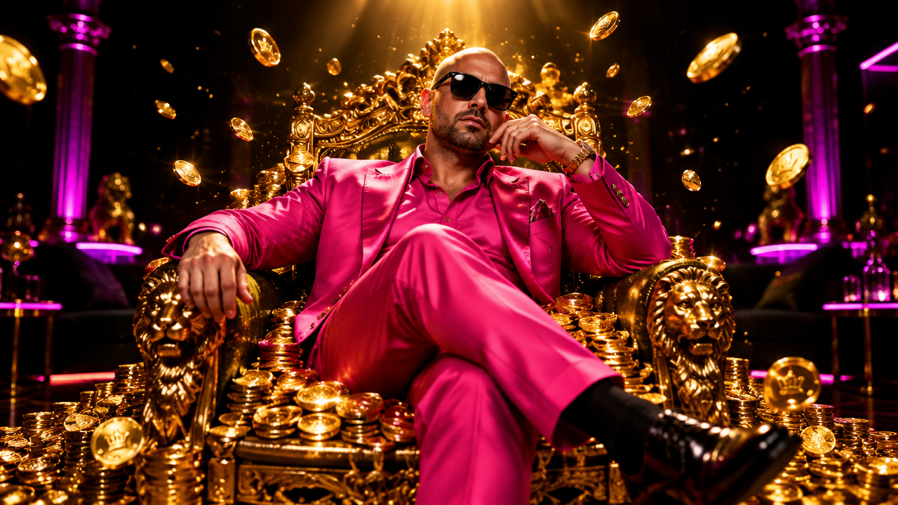 MR STARLING in a pink suit seated on a golden throne surrounded by coins